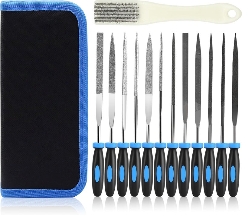 SOWKIPE 13Pcs Premium Small File Set, 6 Diamond Files, 6 Steel Files, Cleaning Brush & Carrying Case for Wood, Plastic, Jewelry, Leather, DIY - Image 1